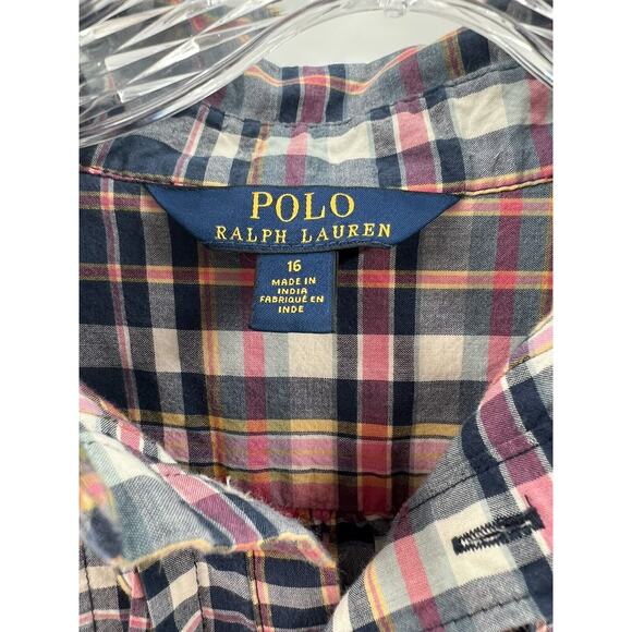 Polo Ralph Lauren Girl’s Madras Plaid 100% Cotton Popover Blouse Size 16 - Picture 3 of 8